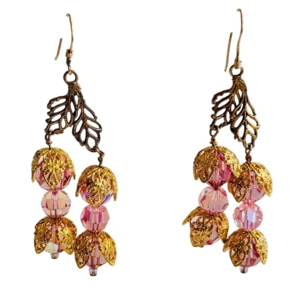 VTG Austrian pink crystal dangle earrings gold filigree beads pierced‎ Regency